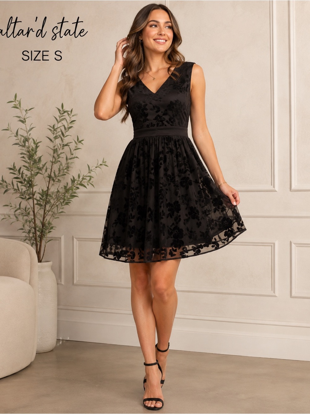Altar’d State Black Flocked Floral Mesh Fit & Flare Dress Size S